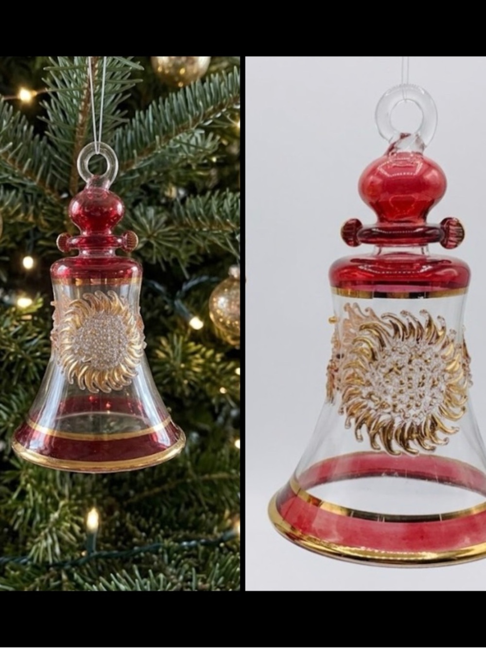 Egyptian Style Handblown Red Gold Glass Bell Elegant Christmas Holiday Ornament